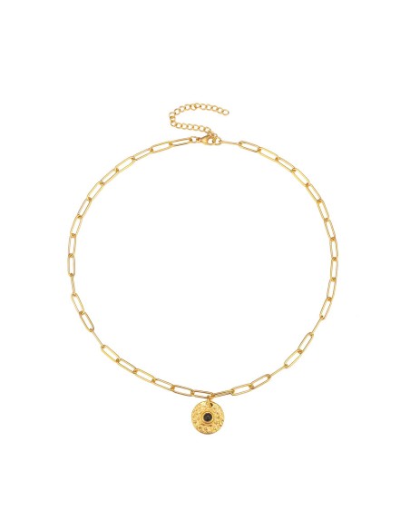 Collar Acero - Chapa Martillada - Onix Negro - 40+6 - Bañado Oro Collar Acero - Chapa Martillada - Onix Negro - 40+6 - Bañado Oro