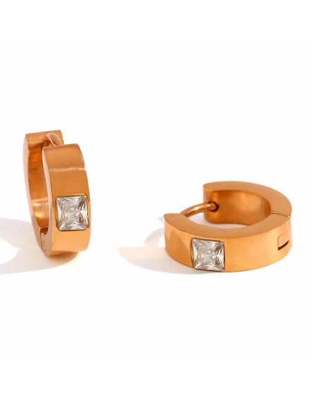 Pendientes Acero Aro - Circonita Cuadrado - 13,5mm - Colro Oro