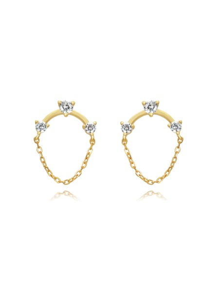 Pendientes Cadena - Tres Circonita 14 mm - Bañado Oro y Plata Rodiada