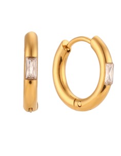 Pendientes Acero Aro - Circonita Blanco Rectangulo - 15 mm - Color Oro 2