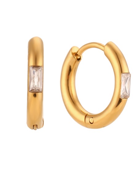 Pendientes Acero Aro - Circonita Blanco Rectangulo - 15 mm - Color Oro