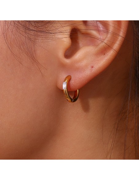 Pendientes Acero Aro - Circonita Blanco Rectangulo - 15 mm - Color Oro