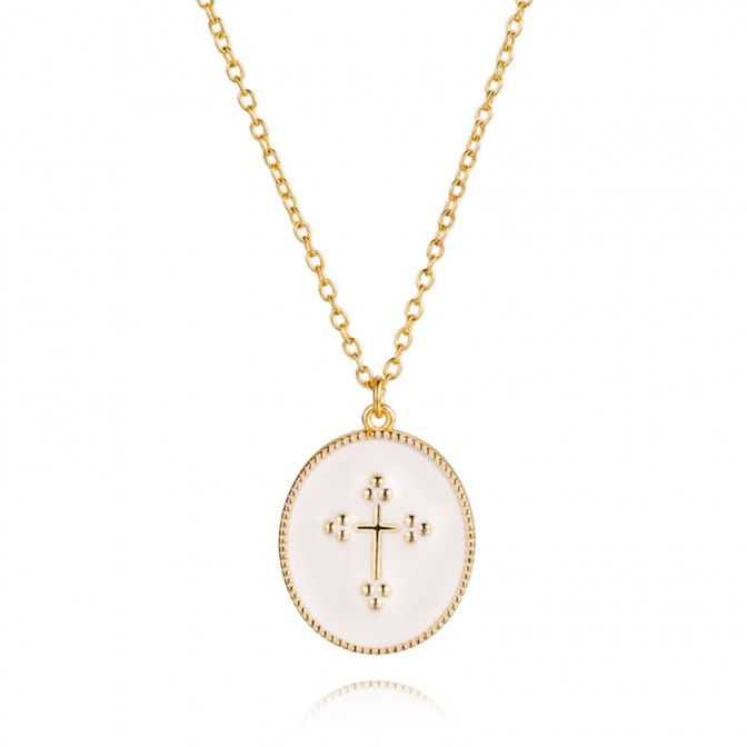 Collar Plata - Cruz 16mm - Enamel Blanco - Bañado Oro y Plata Rodiada