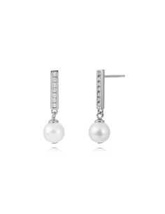 Pendientes Barra Minerales Perla Cultivada - Circonita Blanca - 22mm - Bañado oro y Plata Rodiada 2