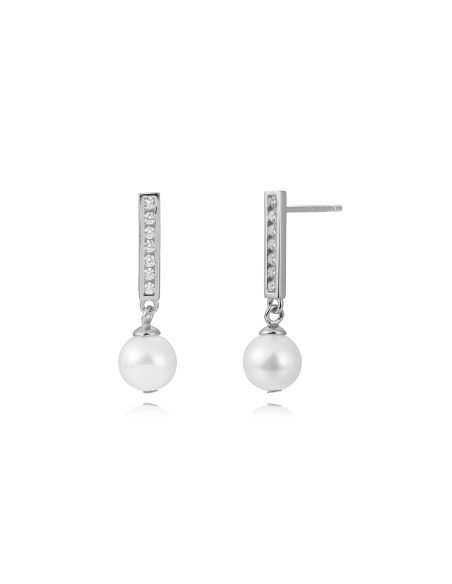 Pendientes Barra Minerales Perla Cultivada - Circonita Blanca - 22mm - Bañado oro y Plata Rodiada