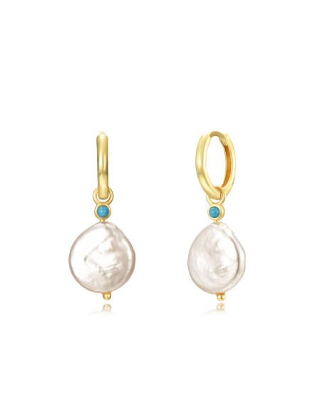 Pendientes Minerales Perla Turquesa - Aro - 13 + 17 mm - Bañado Oro y Plata Rodiada