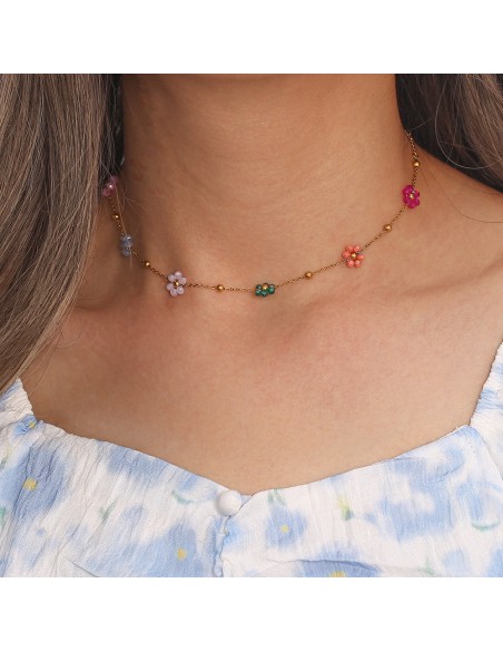 Collar Acero Flor - Circonita Multi - 36+5cm - Color oro