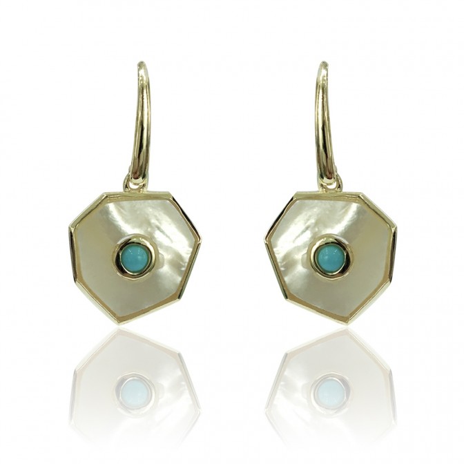 Pendiente Mineral Nacar Hex 13*13 - Bola 3mm - Bañado Oro y Plata Rodiada