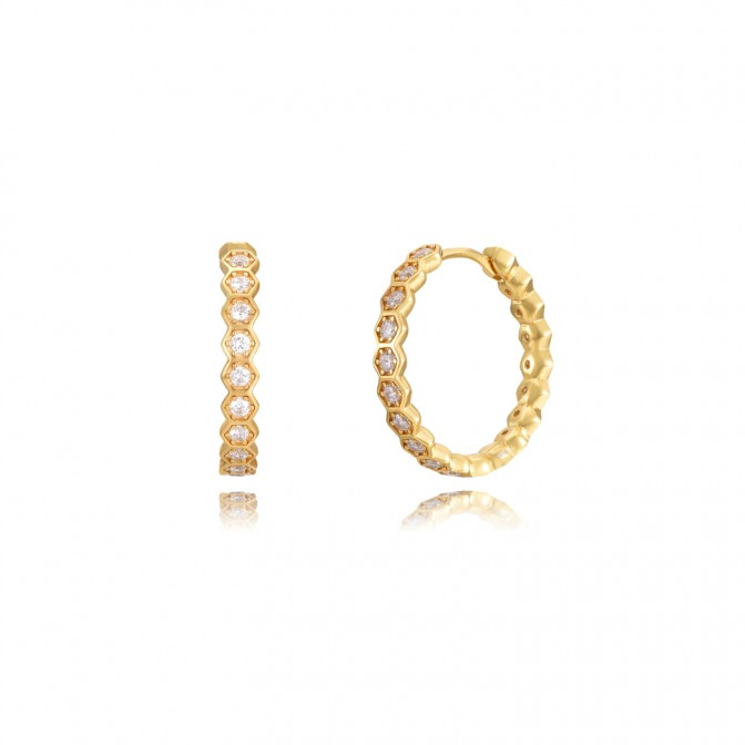 Pendientes Aro Hexágono Circonita - 13 mm y 24 mm - Bañado Oro y Plata Rodiada