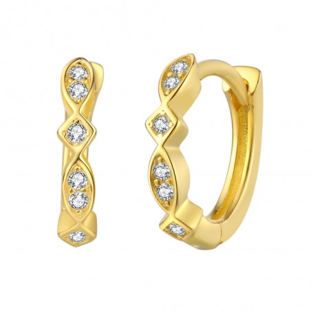 Pendientes Aro Rombo Hoja - Circonita Blanca - 11 mm - Bañado Oro y Plata Rodiada