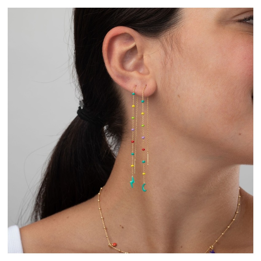 Pendientes Cadena Luna - 15,5 cm - Enamel Multi - Bañado Oro y Plata Rodiada