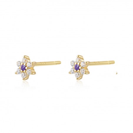 Pendientes Circonita Flor Amatista 5mm Bañado Oro