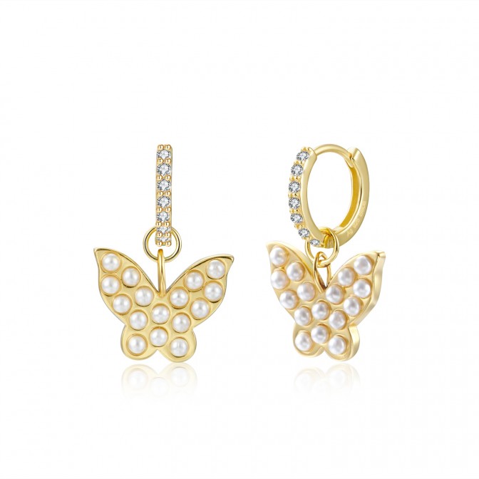 Pendientes Circonita Perla Aro Mariposa 11 mm Baño en Oro