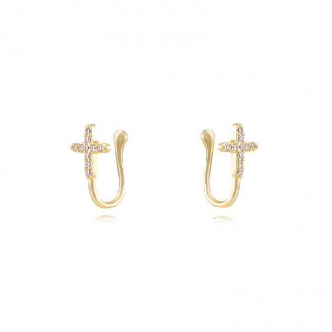 Pendientes Cruz - Cruz - Earcuff 13mm - Bañado Oro y Plata Rodiada 2