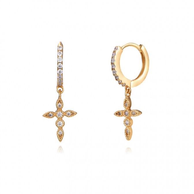 Pendientes Cruz Circonita - 11 + 11 mm - Bañado Oro y Plata Rodiada