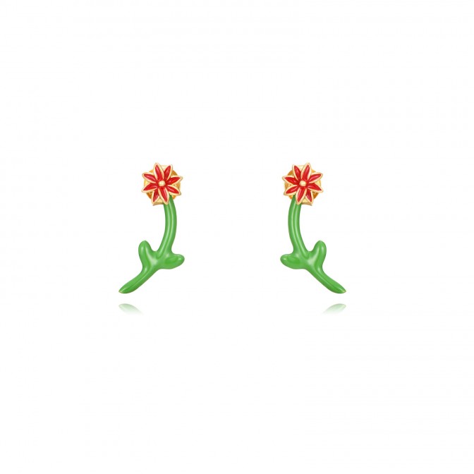 Pendientes Earjacket Flor - 18 mm -Enamel Rojo - Bañado Oro y Plata Rodiada