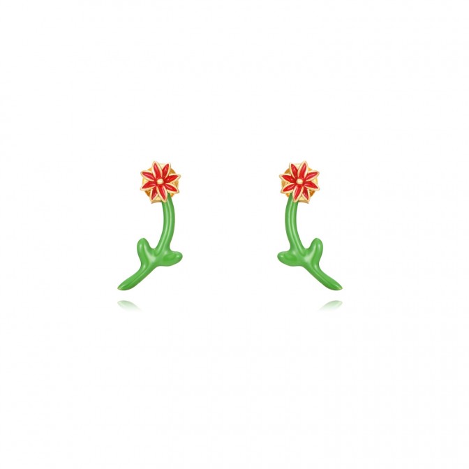 Pendientes Earjacket Flor - 18 mm -Enamel Rojo - Bañado Oro y Plata Rodiada 2