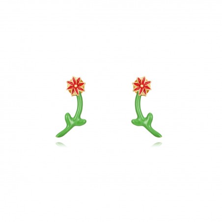 Pendientes Earjacket Flor - 18 mm -Enamel Rojo - Bañado Oro y Plata Rodiada