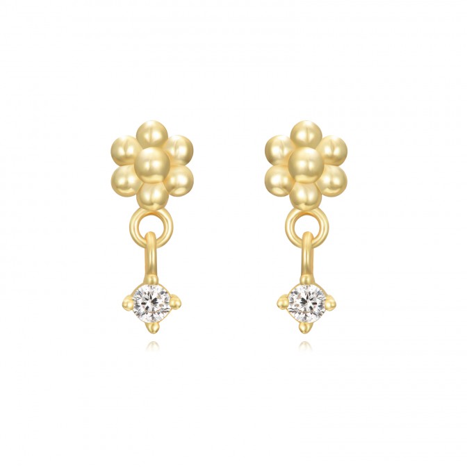 Pendientes Flor 5mm - Circonita 14mm - Bañado Oro y Plata Rodiada