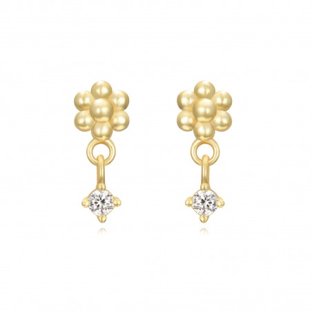 Pendientes Flor 5mm - Circonita 14mm - Bañado Oro y Plata Rodiada