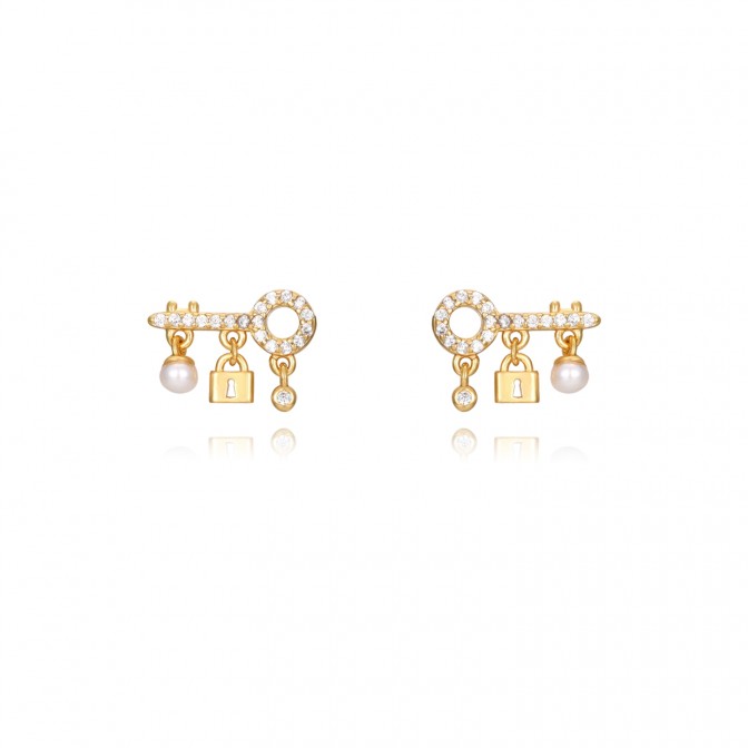 Pendientes Llave - Circonita Blanca Perla - 13 * 9 mm - Plata Bañado Oro y Plata Rodiada