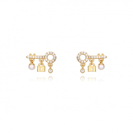 Pendientes Llave - Circonita Blanca Perla - 13 * 9 mm - Plata Bañado Oro y Plata Rodiada