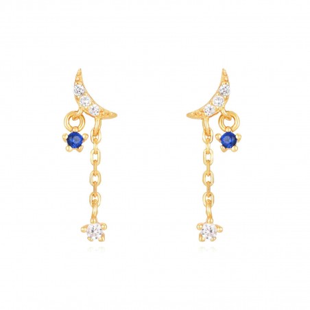 Pendientes Luna - Circonita Azul - 17 mm - Bañado Oro y Plata Rodiada