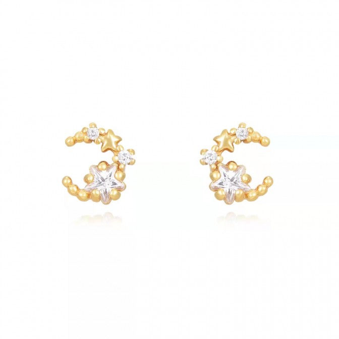 Pendientes Luna Estrella - Circonita Blanca - 6 mm - Bañado Oro y Plata Rodiada