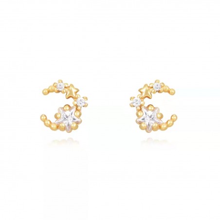 Pendientes Luna Estrella - Circonita Blanca - 6 mm - Bañado Oro y Plata Rodiada