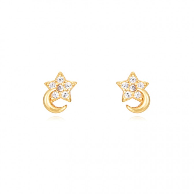 Pendientes Luna-Estrella - Circonita - 6 mm - Bañado Oro y Plata Rodiada