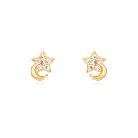 Pendientes Luna-Estrella - Circonita - 6 mm - Bañado Oro y Plata Rodiada