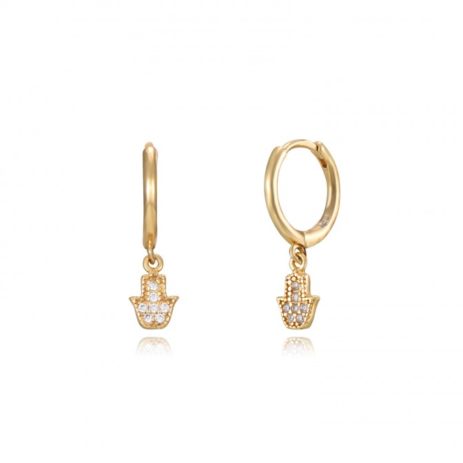 Pendientes Mano de Fatima - Circonita Blanca - 6mm - Plata Bañado Oro y Plata Rodiada