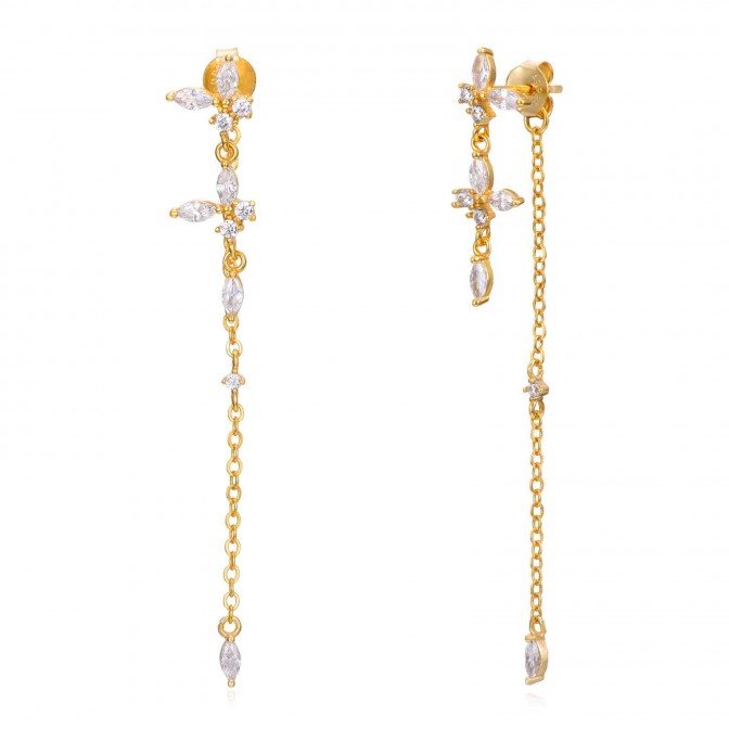 Pendientes Mariposa Cadena Circonita - 59 mm - Bañado Oro y Plata Rodiada