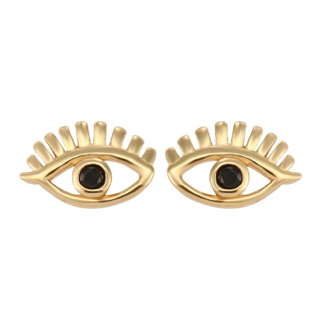 Pendientes Ojo - Circonita Negra - 8 mm - Bañado Oro y Plata Rodiada