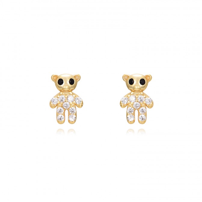 Pendientes Oso de peluche - Circonita Blanca - 7 mm - Bañado Oro y Plata Rodiada