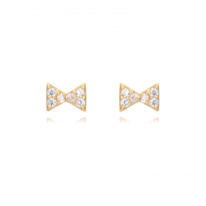 Pendientes Pajarita - Circonita Blanca - 4 mm - Bañado Oro y Plata Rodiada