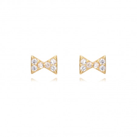 Pendientes Pajarita - Circonita Blanca - 4 mm - Bañado Oro y Plata Rodiada