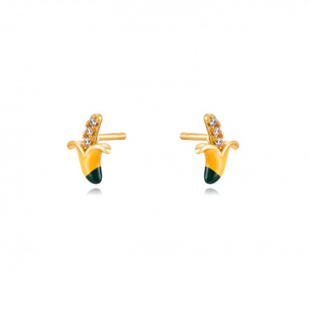 Pendientes Plátano - Circonita - Enamel Amarillo - 8mm - Bañado Oro y Plata Rodiada