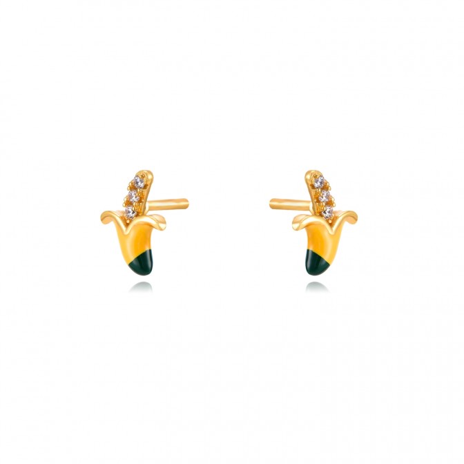 Pendientes Plátano - Circonita - Enamel Amarillo - 8mm - Bañado Oro y Plata Rodiada 2