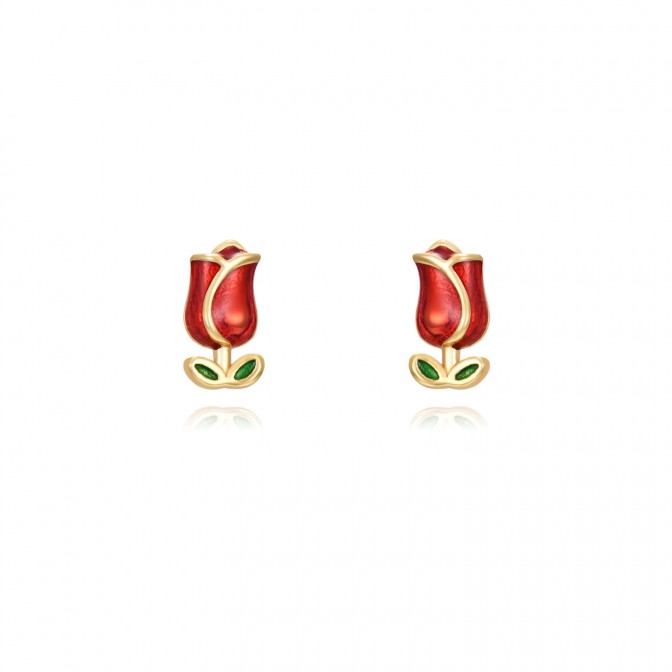 Pendientes Rosa - Enamel 7*4 mm - Bañado Oro y Plata Rodiada