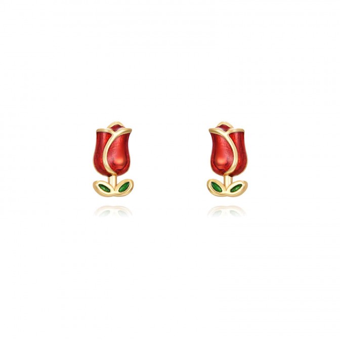 Pendientes Rosa - Enamel 7*4 mm - Bañado Oro y Plata Rodiada 2