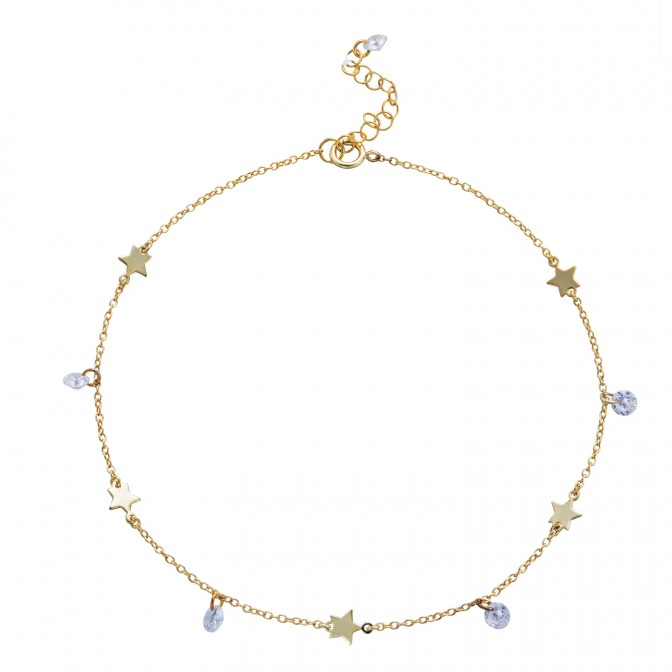 Tobillera Estrella - Circonita Blanca - 27 cm - Bañado Oro y Plata Rodiada