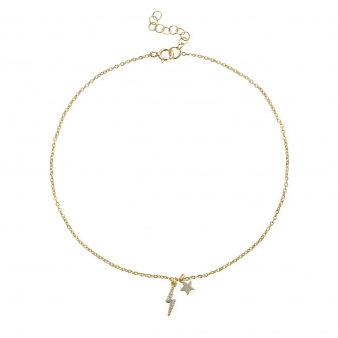 Tobillera Rayo Estrella - Circonita Blanca - 25 cm - Bañado Oro y Plata Rodiada