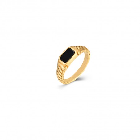 Anillo Acero Rayas - Mineral Onix Negro - 6 mm - Color Oro