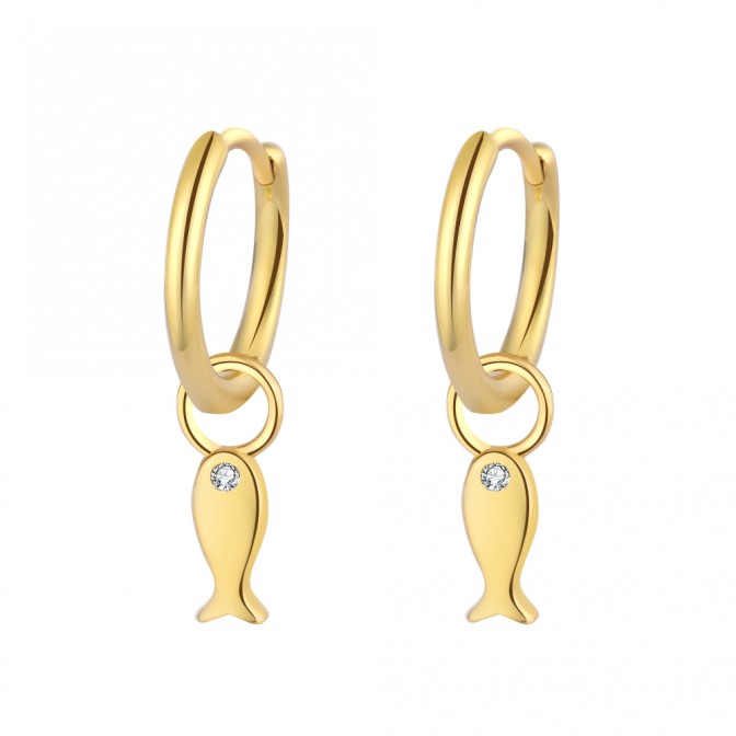 Pendientes Circonita - Aro 12 mm - Pez 3*7 - Plata Bañado Oro Y Plata Rodiada