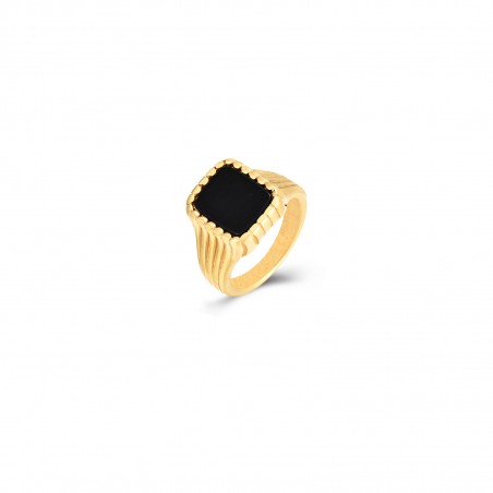 Anillo Acero - Mineral Onix Negro Cuadrado - 14 mm - Color Oro