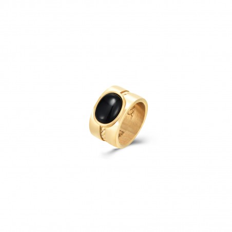 Anillo Acero Mineral - Onix Negro y malaquita - 12 mm- Color oro