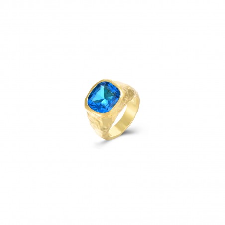 Anillo Bronce
 Martillado - Cuadrado - Circonita Londre topaz azul - Bañado Oro