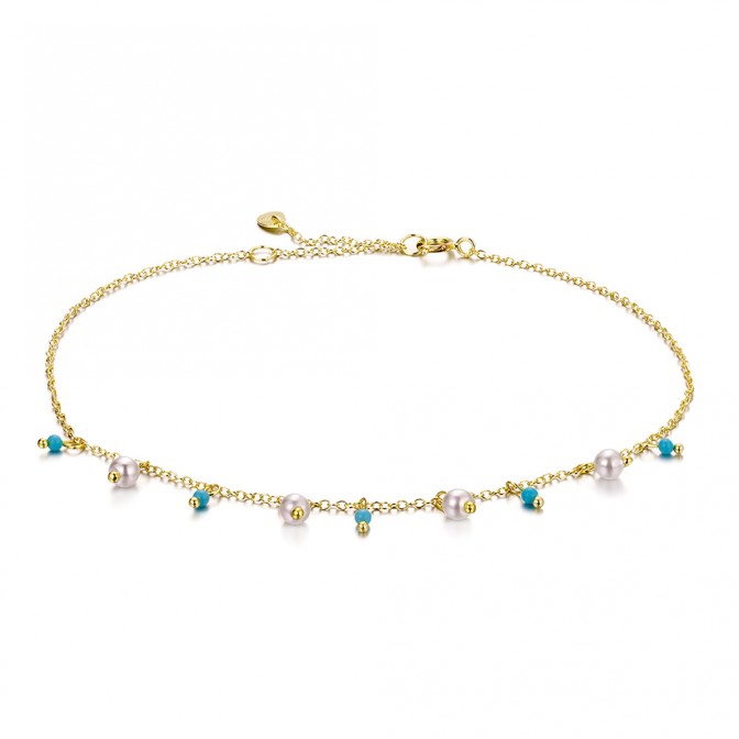 Collar Minerales Turquesa Perla - 40 + 6 cm - Bañado Oro y Plata Rodiada