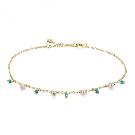 Collar Minerales Turquesa Perla - 40 + 6 cm - Bañado Oro y Plata Rodiada